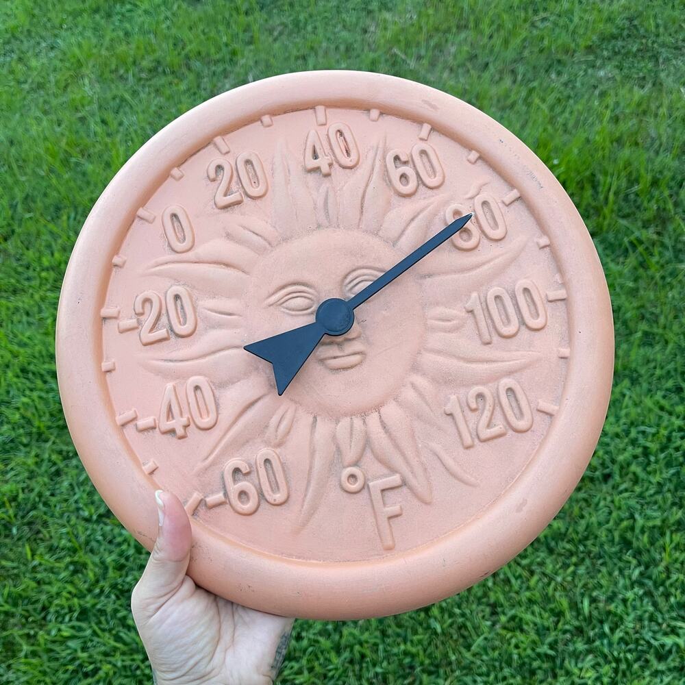Terracotta Sun Face Outdoor Thermometer Celestial Garden Patio Decor 11.5"